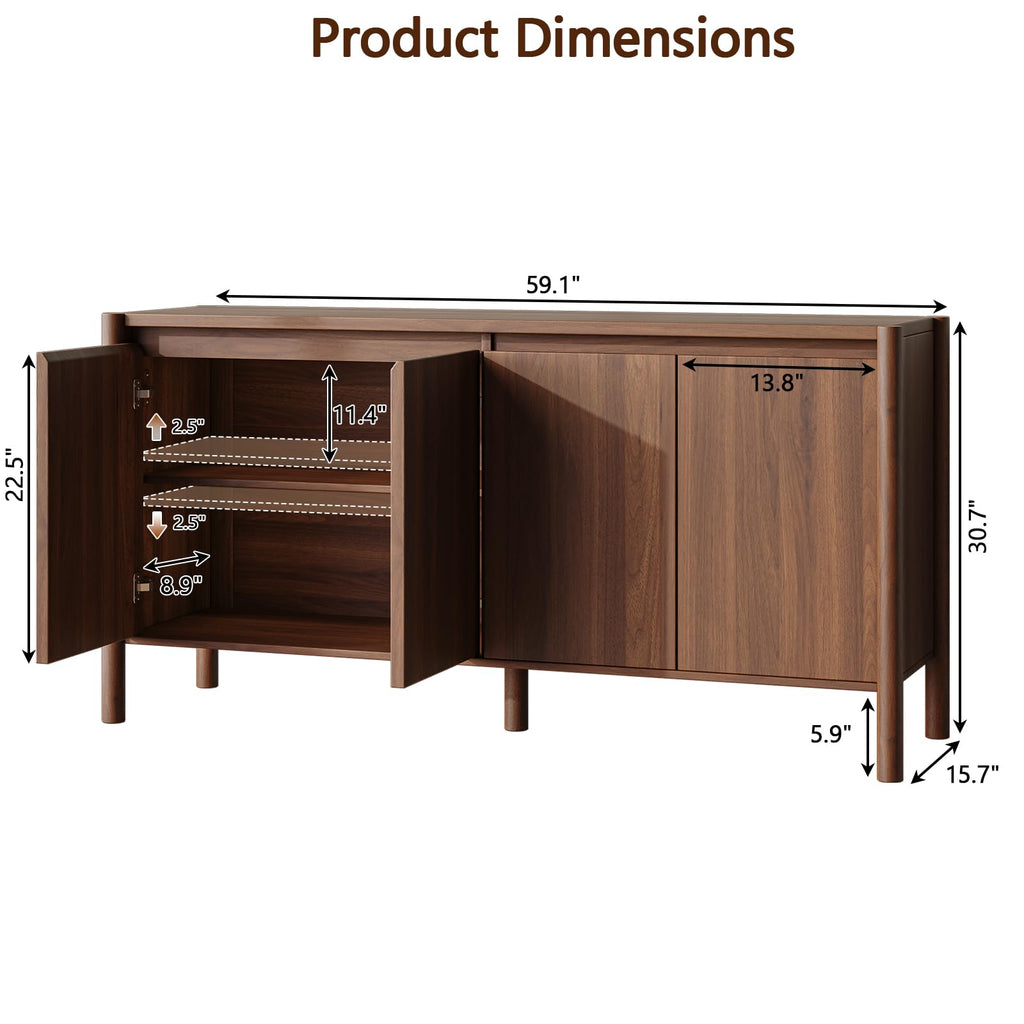 59 Inch Walnut Buffet Cabinet, Mid Century Wood Sideboard Storage