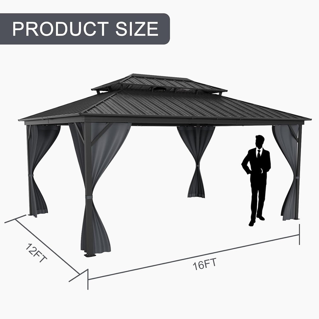 12' x 16' Hardtop Gazebo with Galvanized Steel Double Roof, Heavy Duty Outdoor Gazebo with Netting & Curtains