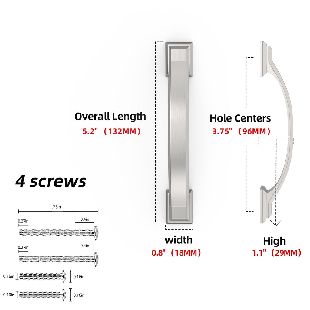 10 Pack 3-3/4 Inch Cabinet Pulls Brushed Satin Nickel Cabinet Handles Zinc Alloy Drawer Pulls Solid Cabinet Hardware
