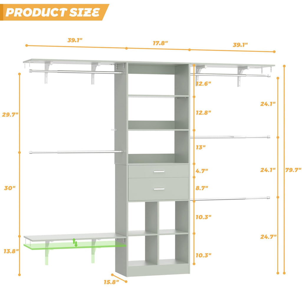 Closet System - 8FT Closet Organizer System with Wooden Drawers, 96" Closet Systems for Walk-In Closets with Cuttable