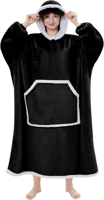 Oversized Cozy Wearable Blanket Hoodie for Adult with Eye Mask,Black