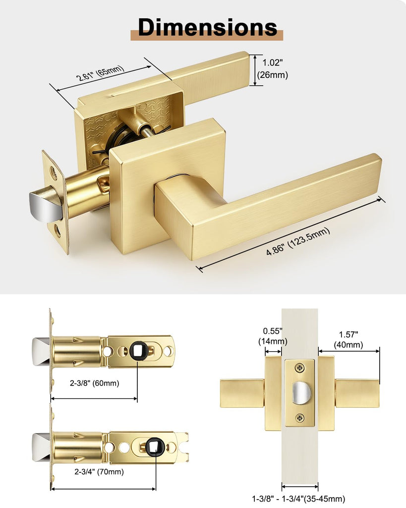 Interior Non-Locking Passage Door Handles 8 Pack, Gold Square Zinc Alloy Door Levers for Closet Hallway