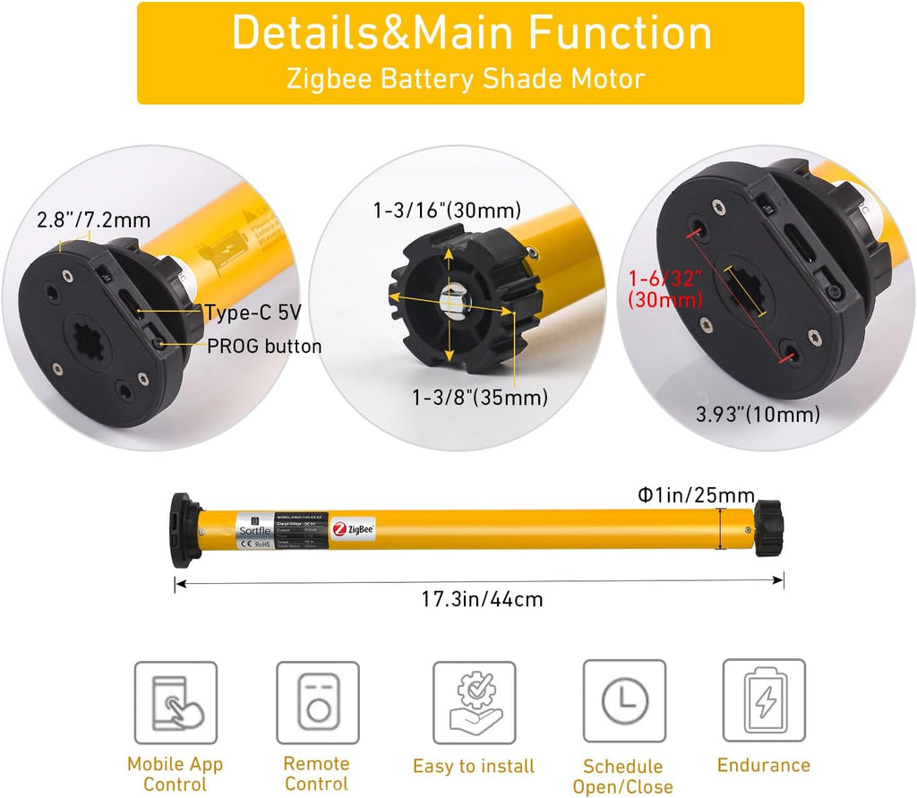 1.5" Zigbee Blinds Motor Rechargeable, Automatic Blinds Opener-No Wiring, Wireless App or Timer Control, Add Shade