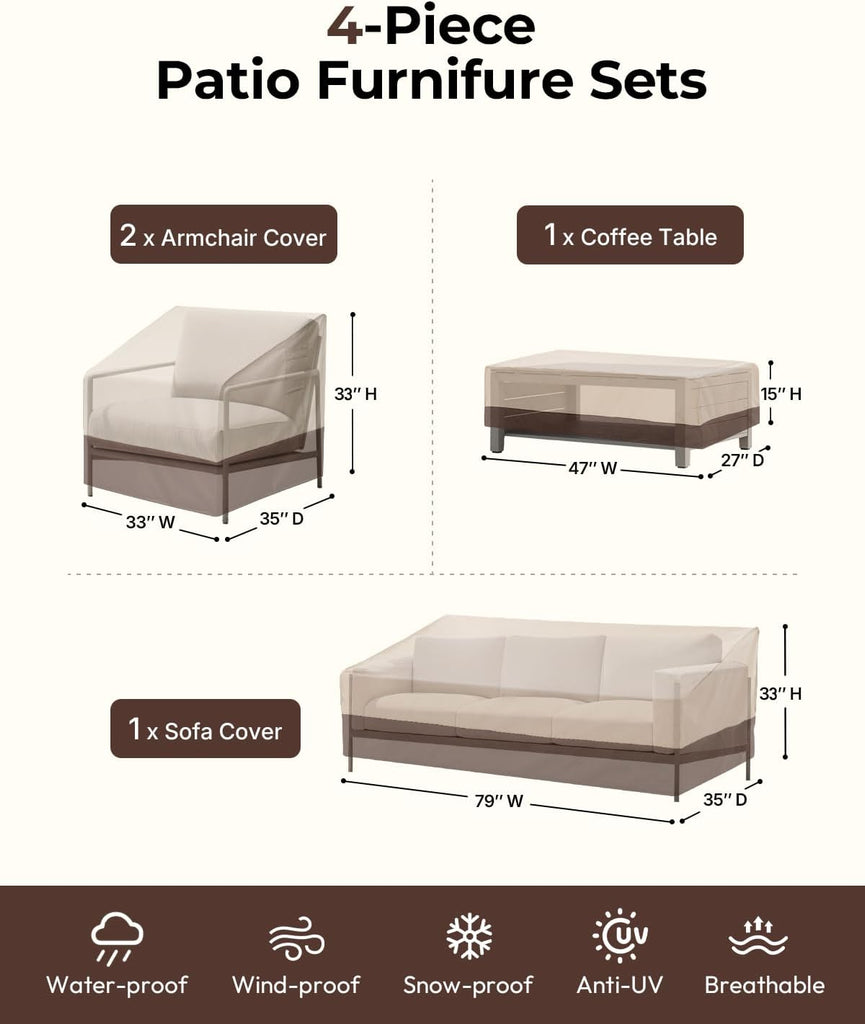 Patio Furniture Cover Set Waterproof 4 Piece Beige Large | 600D Heavy Duty, Outdoor Furniture Cover, Waterproof, Lawn