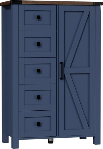 Farmhouse Tall Dresser Chest of Drawer , 5 Drawer Storage Cabinet with Barn Door, 48 Inch Tall Wood Dresser
