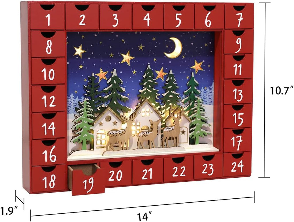 Christmas Wooden Advent Calendar with LED and 24 Drawers to Fill Small Gifts Countdown to Christmas Decoration