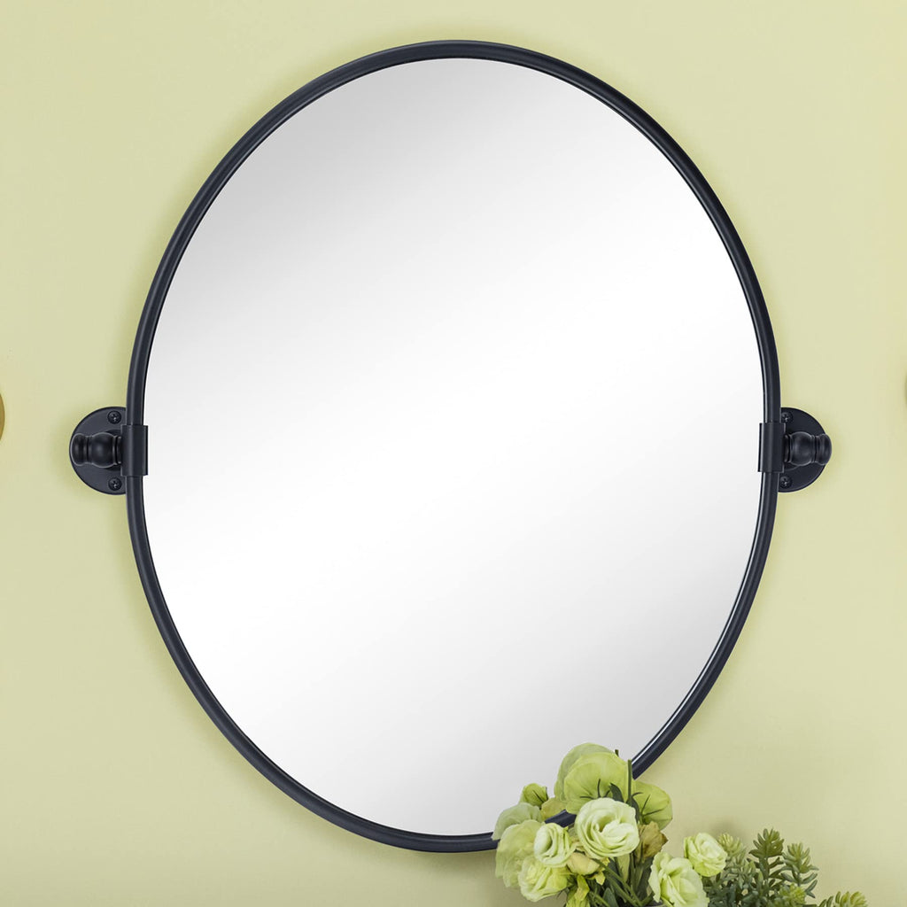 Oval Black Metal Pivot Bathroom Vanity Tilting Vanity Mirrors for Wall, Overall 22.99 x 24 inches (Mirrror 19 x 24
