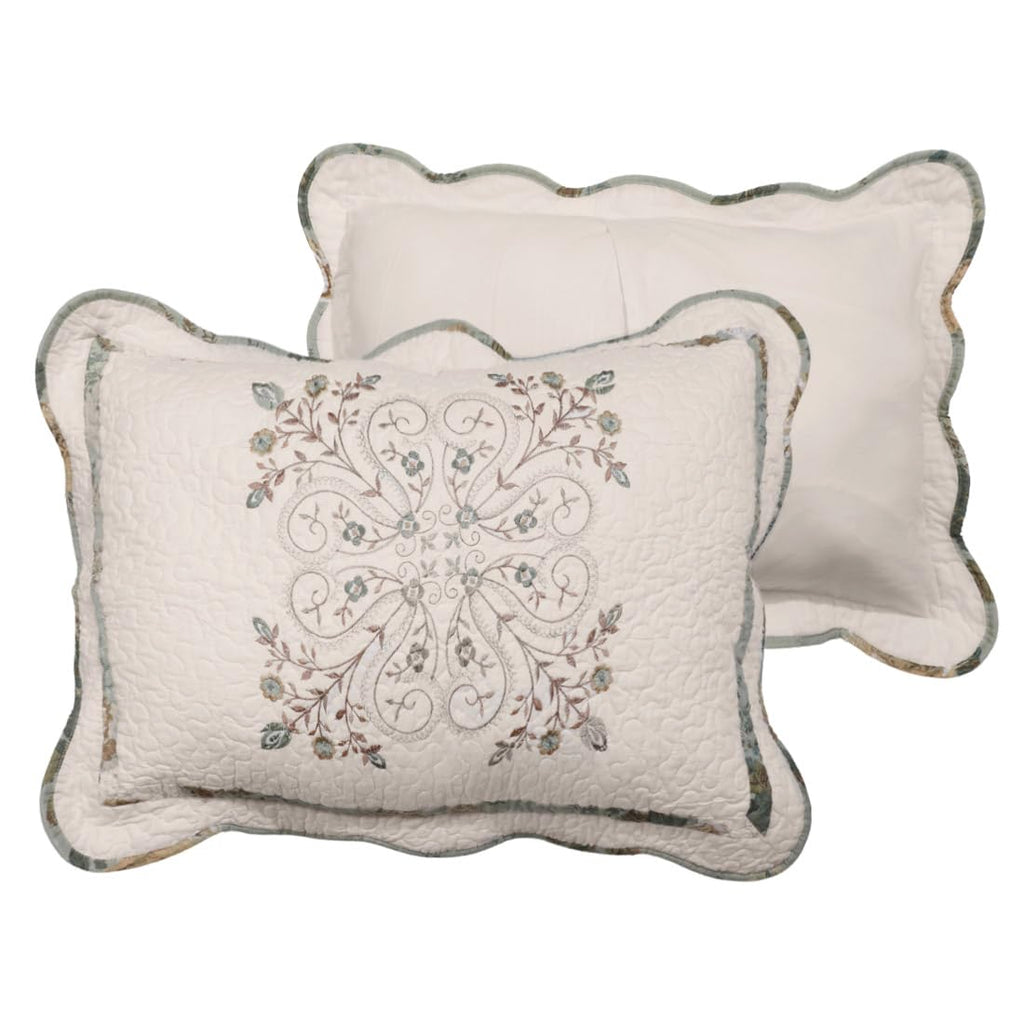 Cotton Quilted Pillow Shams Set of 2, Elegant Floral Embroidered Pillow Cases Standard Size Vintage Farmhouse