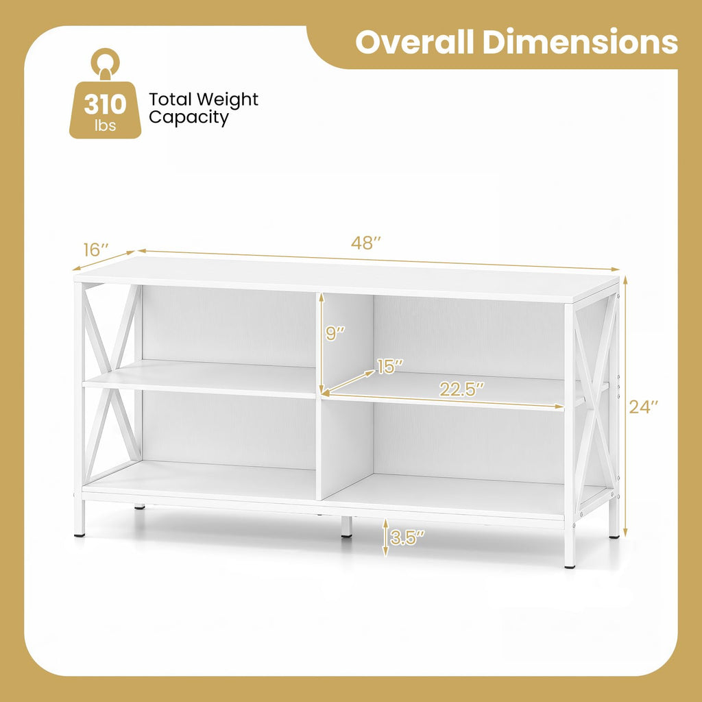 TV Stand for TVs up to 55 Inches, 47" Farmhouse Entertainment Center with 4 Open Shelves & Built-in Cable Holes, TV