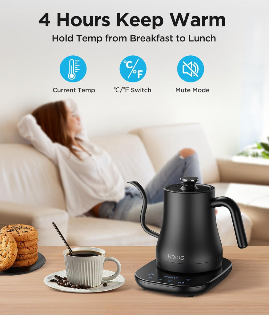 Gooseneck Electric Kettle, ±1°F Temp Control, Mute Mode, 4H Keep Warm | 0.8L Pour Over Kettle, 1200W Fast Heating