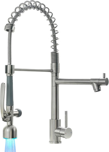 Commercial Pull Down Sprayer Brushed Nickel Kitchen Faucet | Single Handle Kitchen Sink Faucet with LED Light