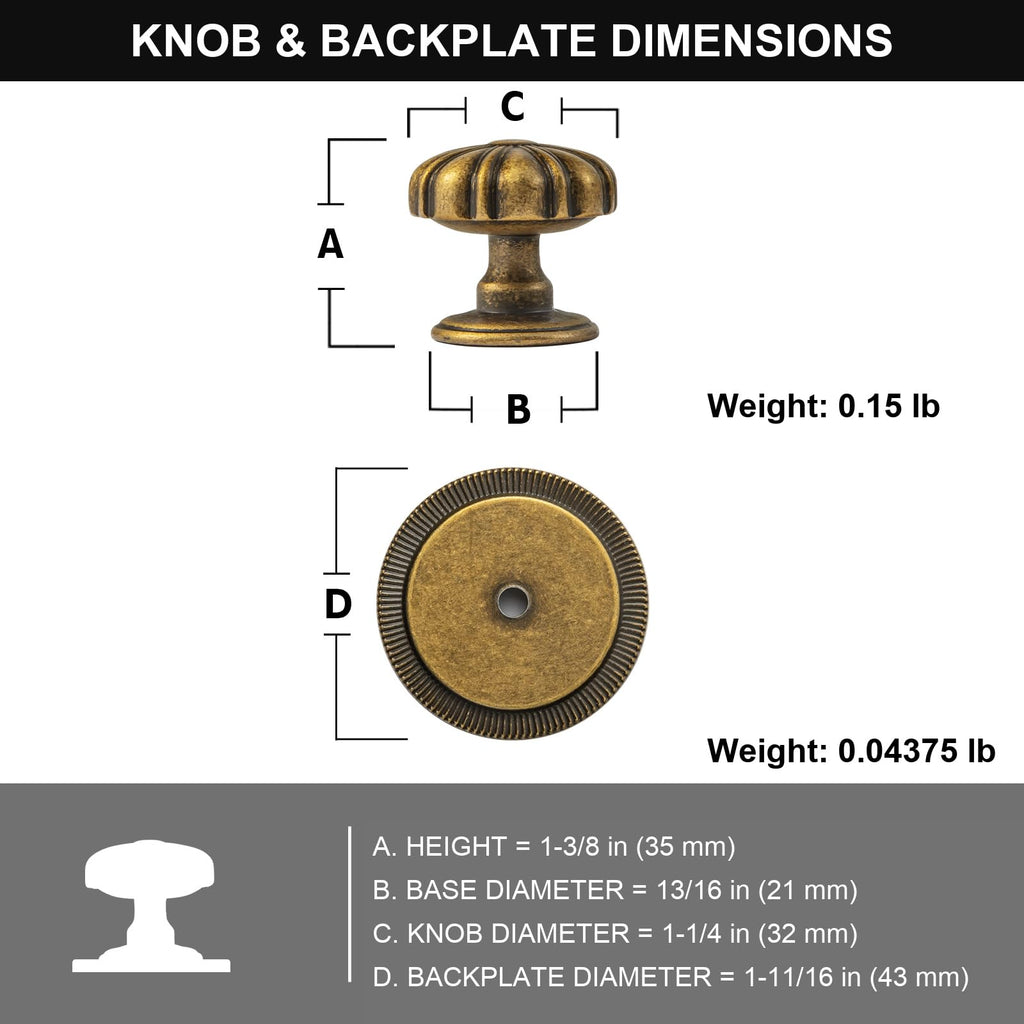 Antique Brass Cabinet Knobs, Gear-Like Backplates, 1-1/4", 6 Pack
