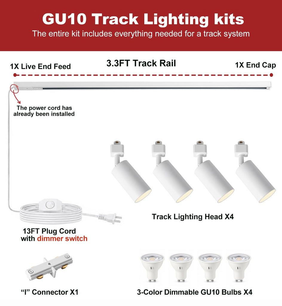 Plug in Track Lighting Dimmable with Power Cord, 4-Light Track Lighting Kit with 3.3FT H Type Track Lighting