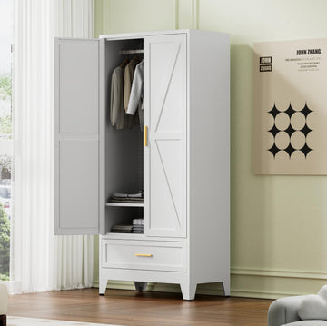 71 Farmhouse Metal Wardrobe Closet with Hanging Rod, 2 Barn Doors, Adjustable Shelves, Steel Armoire with Drawer White
