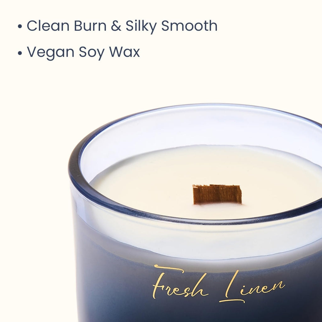 9.9oz Natural Soy Wax Jar Candle with Wooden Wick | Fresh Linen Scent | 55-Hour Burn & Long-Lasting Burn