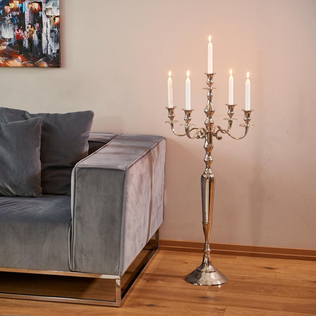 Romantic Hamptons Oversized 5 Candle Silver Candelabra | Hand Crafted Silver Aluminum Nickel, 41.25 Inches High, Over