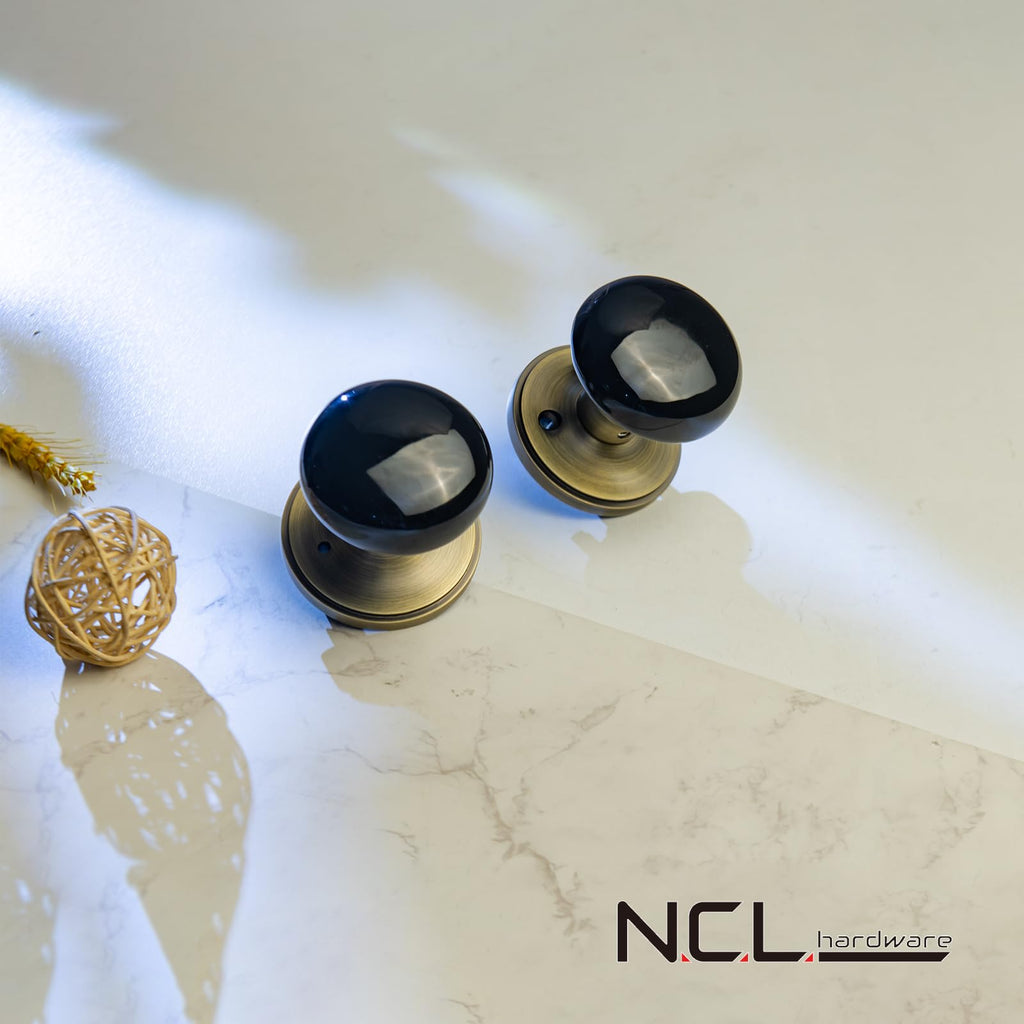 NCL Black Door Knobs, Porcelain Round Door Handle with Antique Brass Plate