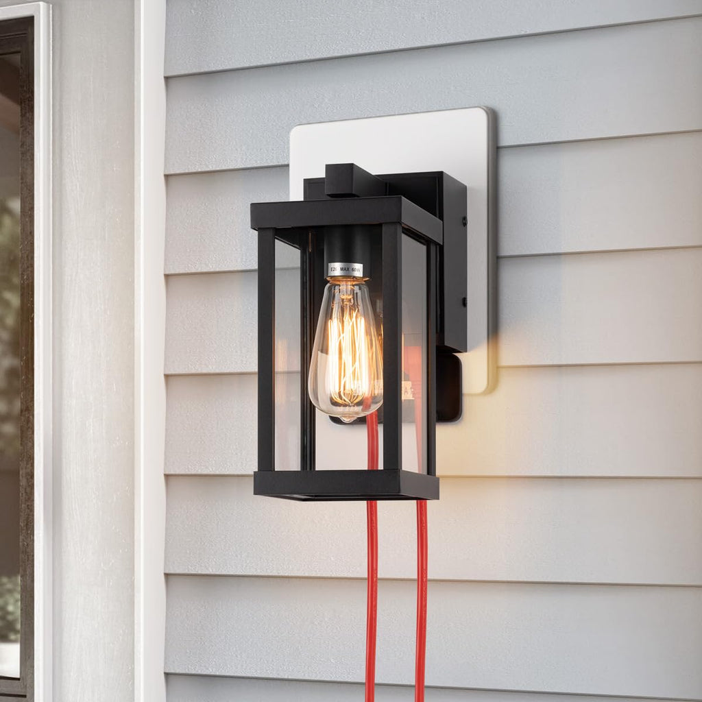 11" Classic Outdoor Wall Sconce with Built-in GFCI Outlet 1 Light in Matte Black Rectangular Metal Frame and Clear