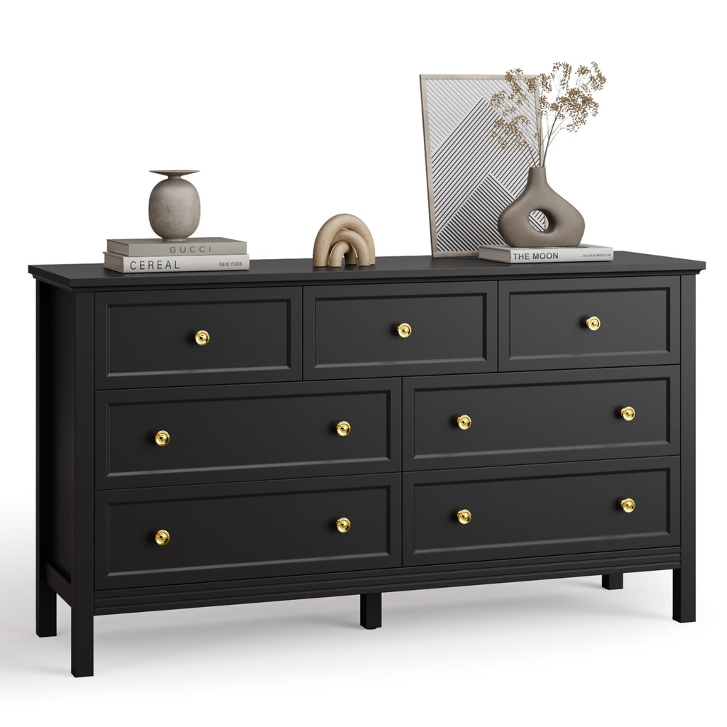 Black Dresser with Gold Handle Modern 7 Drawer Dresser, Wood Chest of Drawer Closet Clothes Storage Organizer, TV