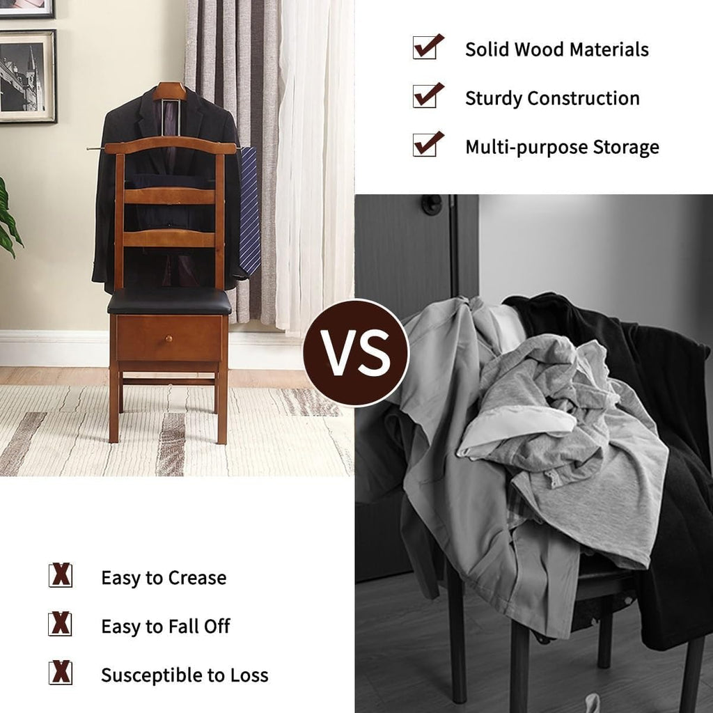 Wooden Valet Chair with Drawer, Suit Rack, Trouser Holder, Freestanding Clothes Organizer for Men and Women