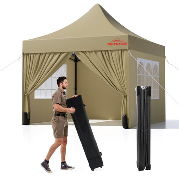 10x10 Heavy Duty Commercial Pop Up Canopy with Sidewalls, Khaki