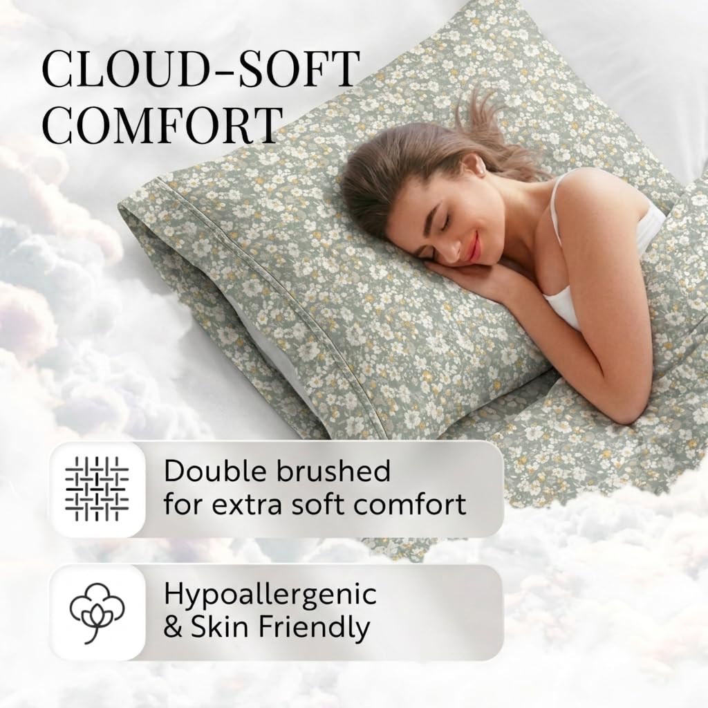 Sheet Set Patterned Microfiber Ultra Soft Bedding in Floral Dream - King Floral Dream Eucalyptus