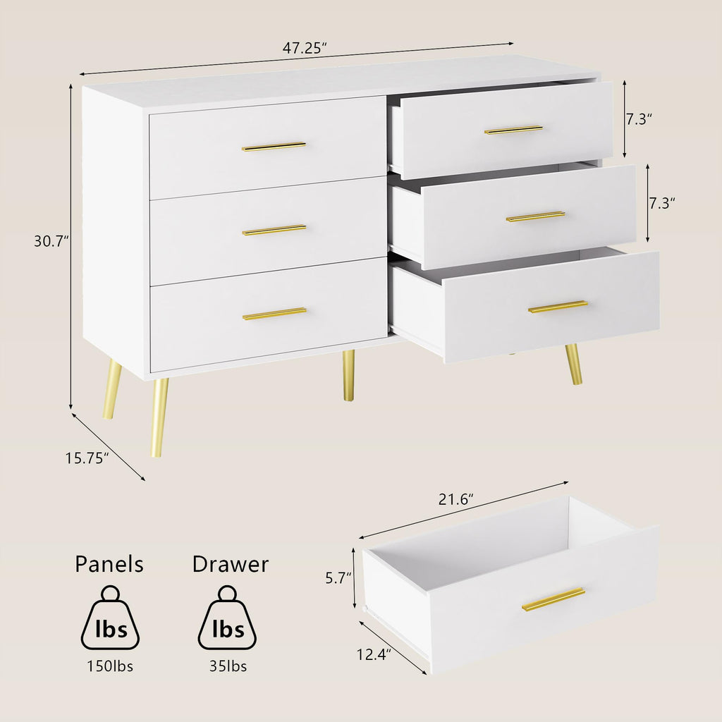 47" White Dresser with 6 Drawers & Modern Gold Handles
