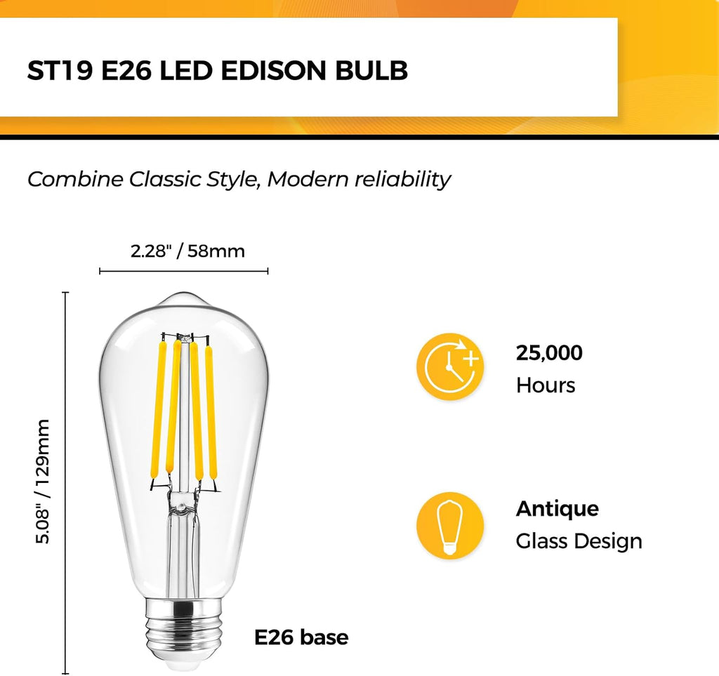 Edison Bulbs Non-Dimmable, E26 LED Bulb 60W Eq, 800ML 3000K