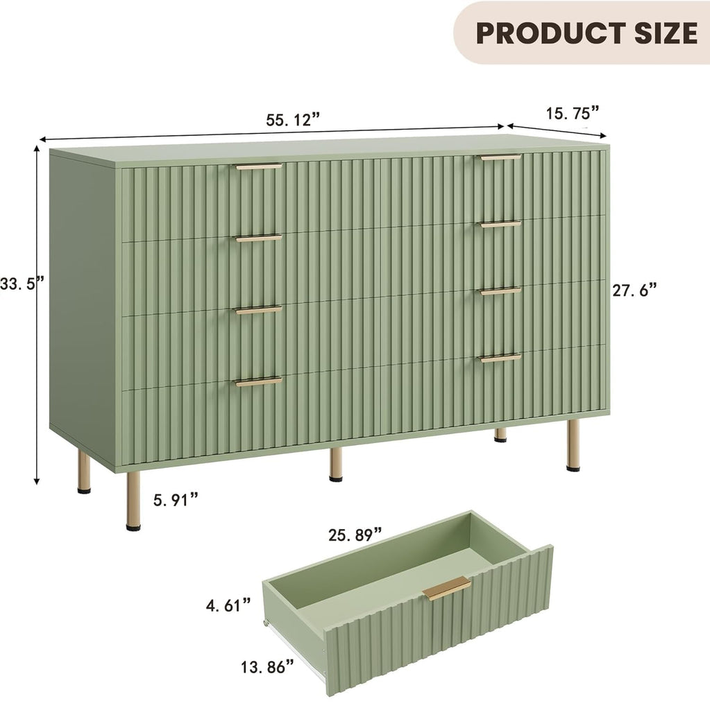 55" Fluted Green 8 Drawer Dresser with Deep Drawers