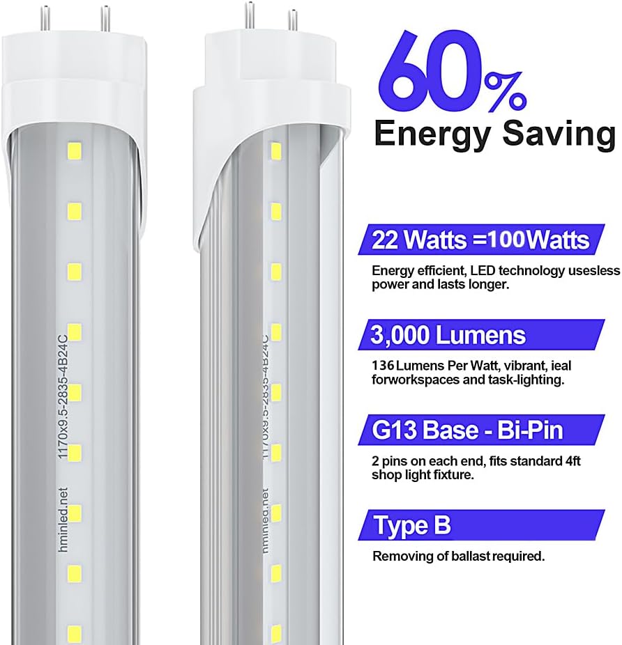 4FT T8 LED Replacement for Supermarket & Kitchen, 6000K-6500K Cool White, 22W 3000LM Ballast Bypass