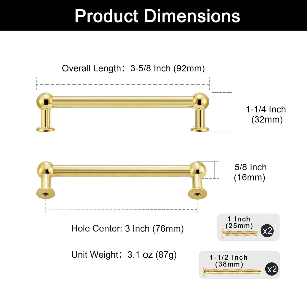 Unlacquered Brass Cabinet Pulls, 3" Hole Center Solid Brass