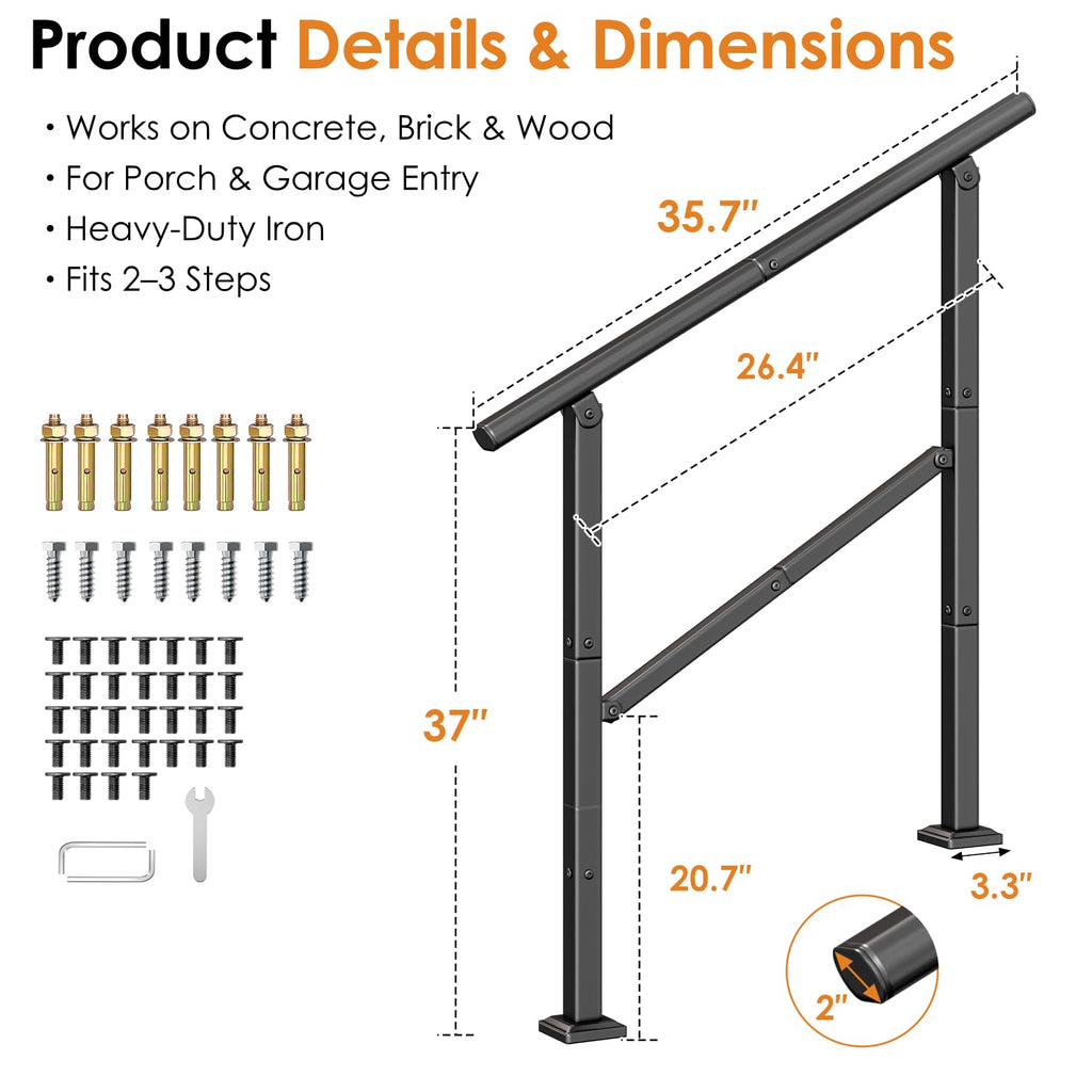 Hand Rails for Outdoor Steps, 2 to 3 Steps Stainless Railing for Stairs, for Seniors & Kids, Outdoor Stair Railing for