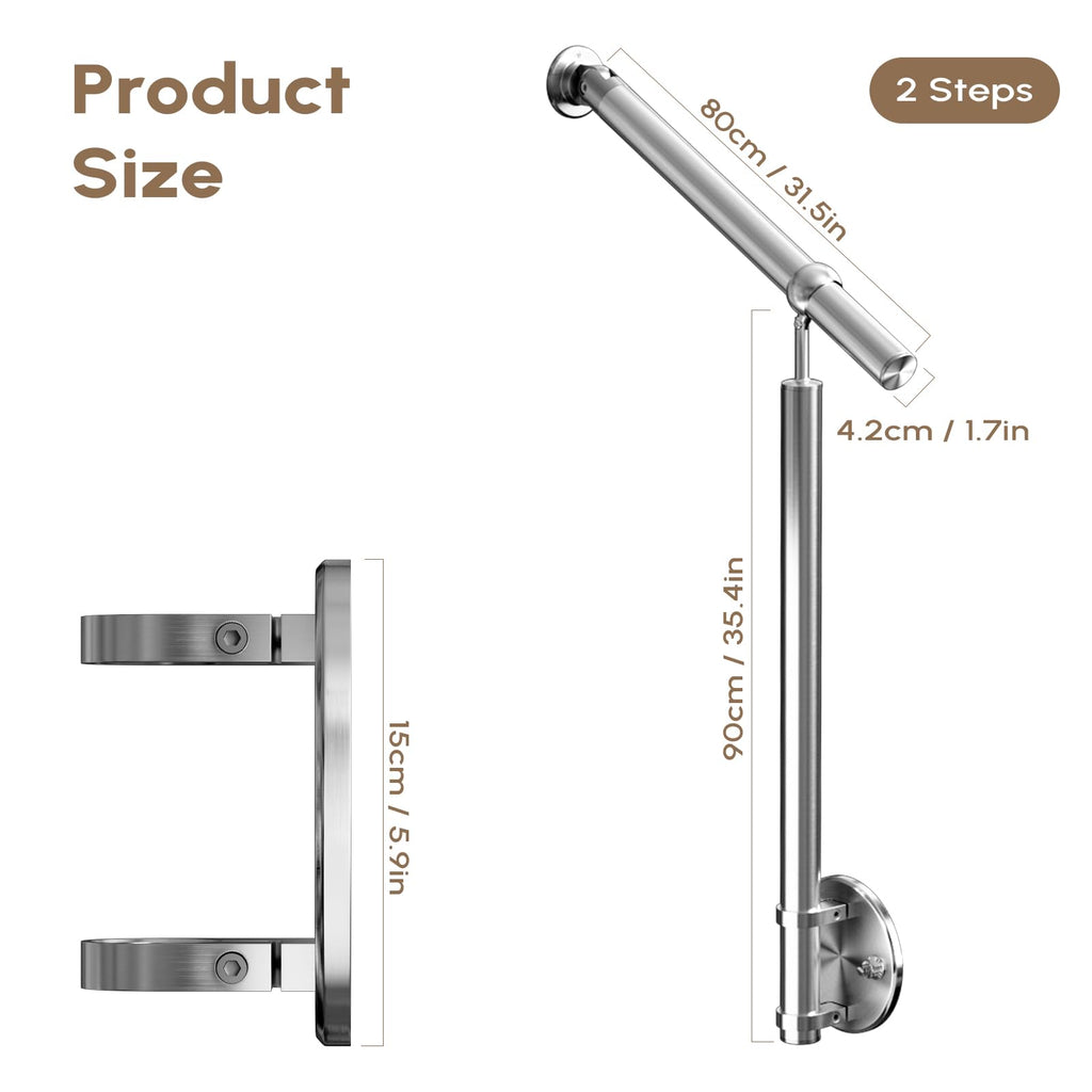 Hand Rails for Steps, 304 Stainless Steel 1-2 Step Single Post Handrail Side Mount Wall to Floor, Indoor Outdoor
