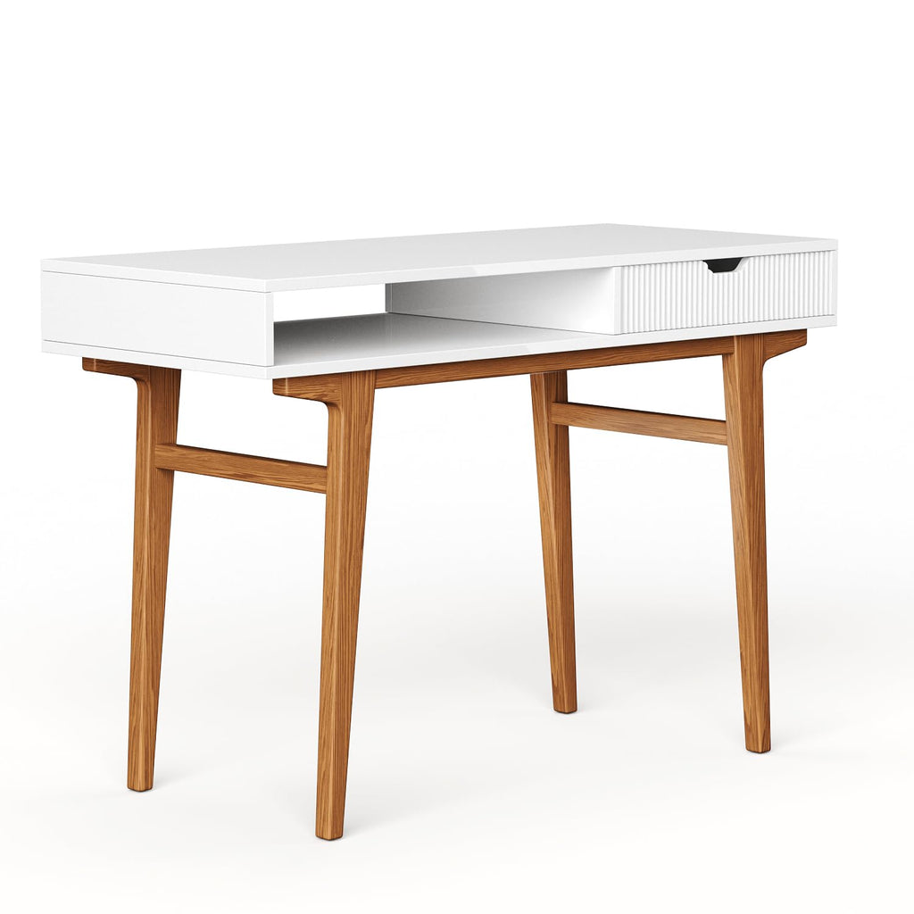 White Computer Desk with Drawers - 45 inch Minimalist Small Solid Wood Mid-Century Modern Office Desk - Boho Style