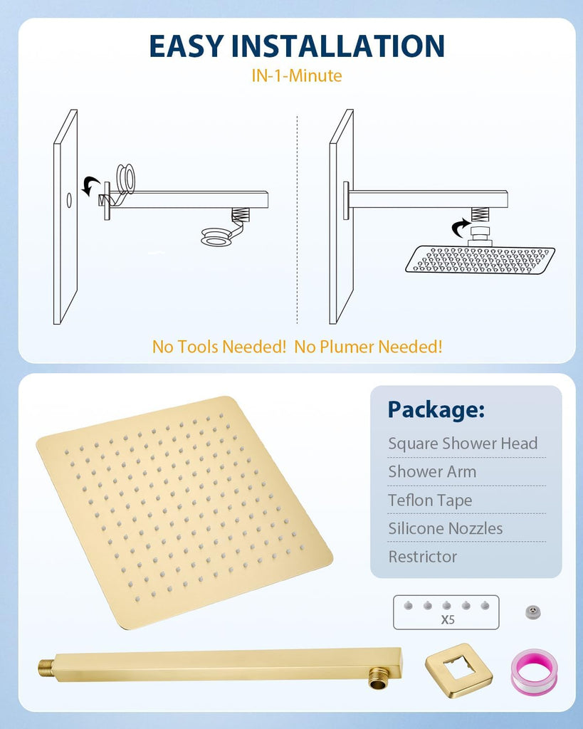 12 Inch Brushed Gold Rain Shower Head with Extension Arm, Rainfall Square Showerhead with 16 Inch Shower Arm All