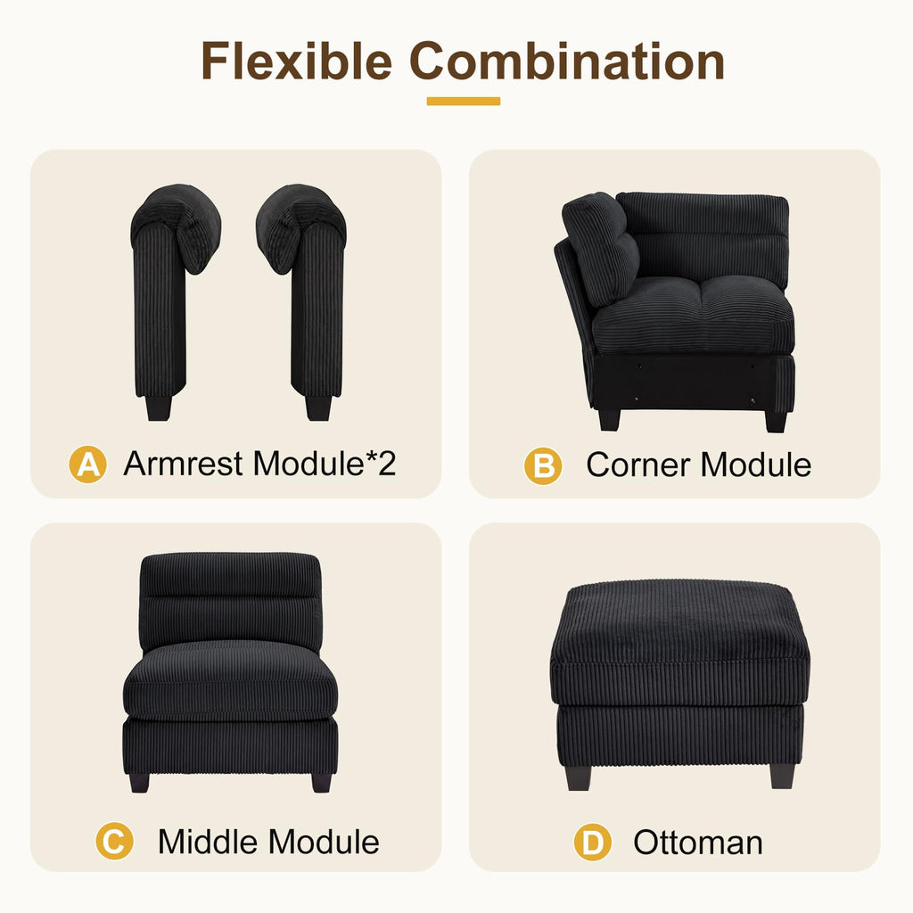115" Modular Sectional Sofa Couch with Movable Ottoman, Oversized Corduroy U Shaped Sectional Couches with Rolled