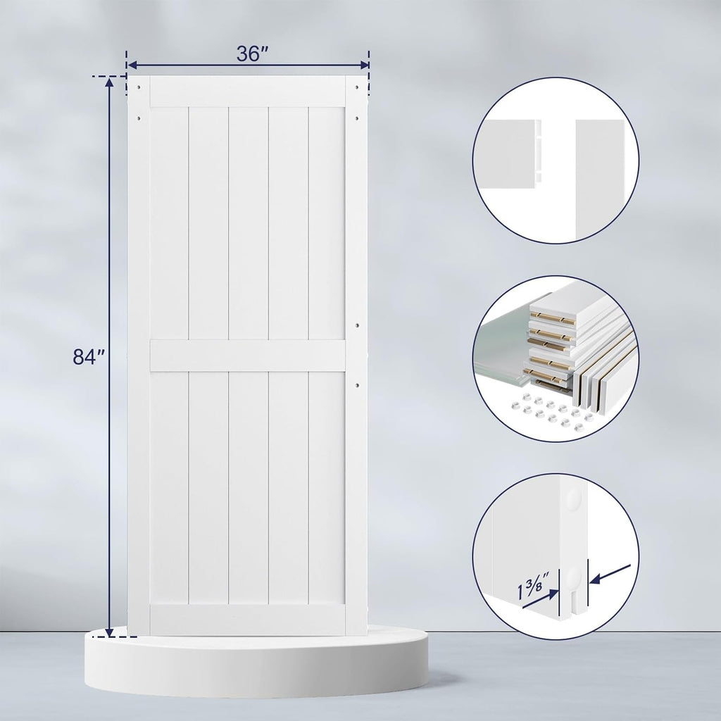 36 x 84 inch White Sliding MDF Barn Door with 6.6FT Black Sliding Door Hardware Kit & Handle, Pre-Dr