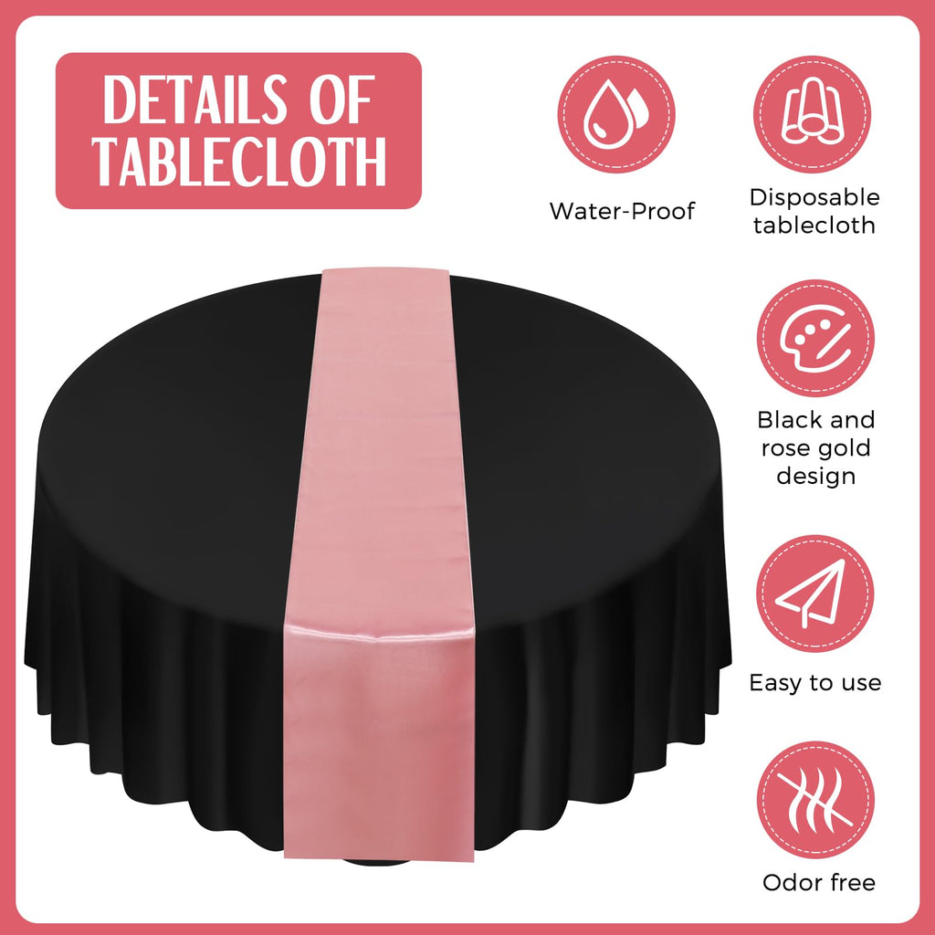 8 Pcs Black and Rose Gold Round Tablecloth and Satin Runner Set