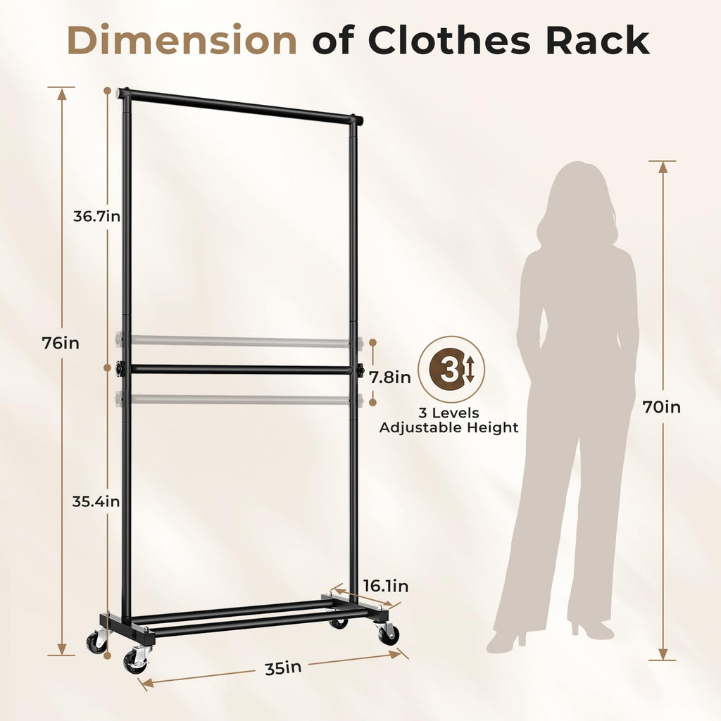 Double Rod Clothes Rack, 35" Wide Hanging Rack for Clothes, Portable Clothing Racks for Hanging Clothes, Rolling