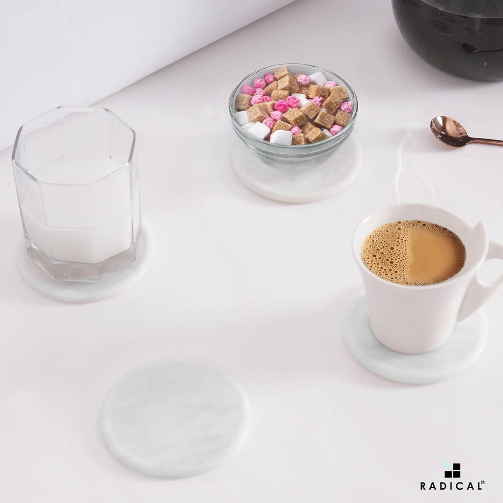 Round Marble Coasters with Holder - White Stone 3.5 Inch - Set of 6