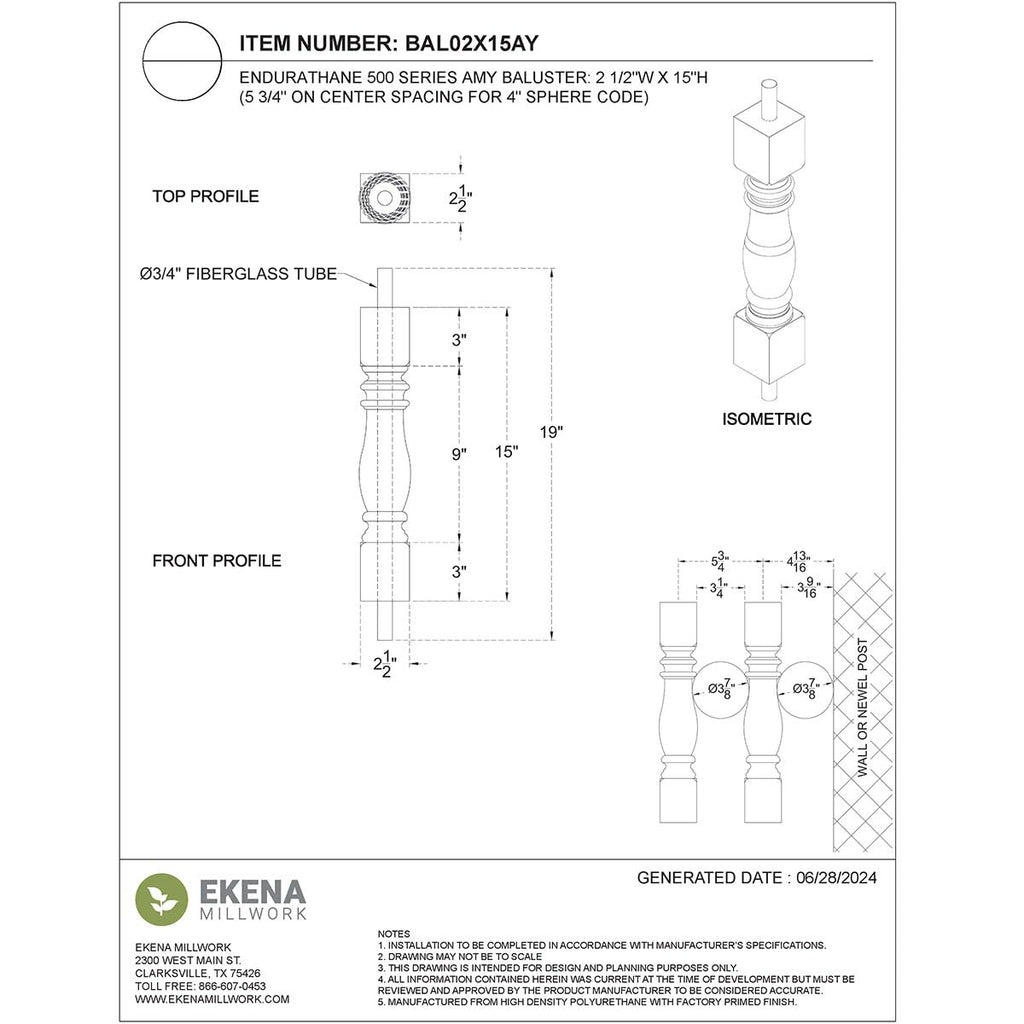 Endurathane 500 Series Amy Baluster: 2 1/2"W x 15"H (5 3/4" On Center Spacing for 4" Sphere Code), Factory Primed