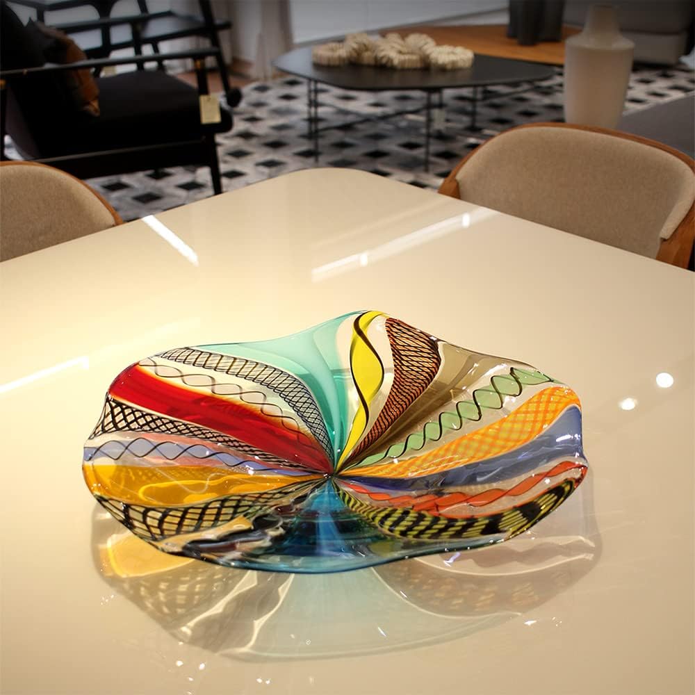 Murano Style Art Glass Bowl Hand Blown Colored Canes Boho Effect Home Decor