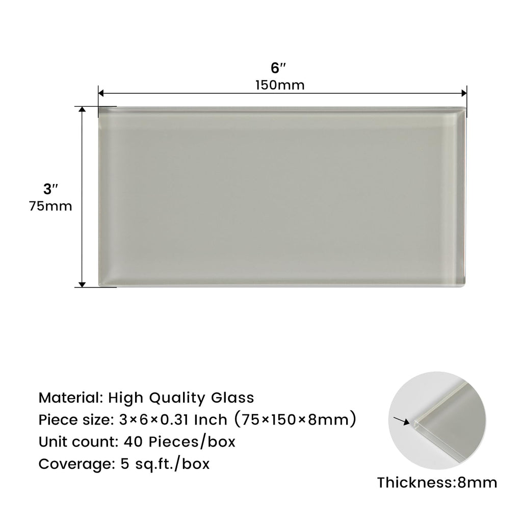 Glass Subway Tile 3 x 6 Inch Light Gray Backsplash Bathroom Wall (32-Pack, 4 sq.ft.)