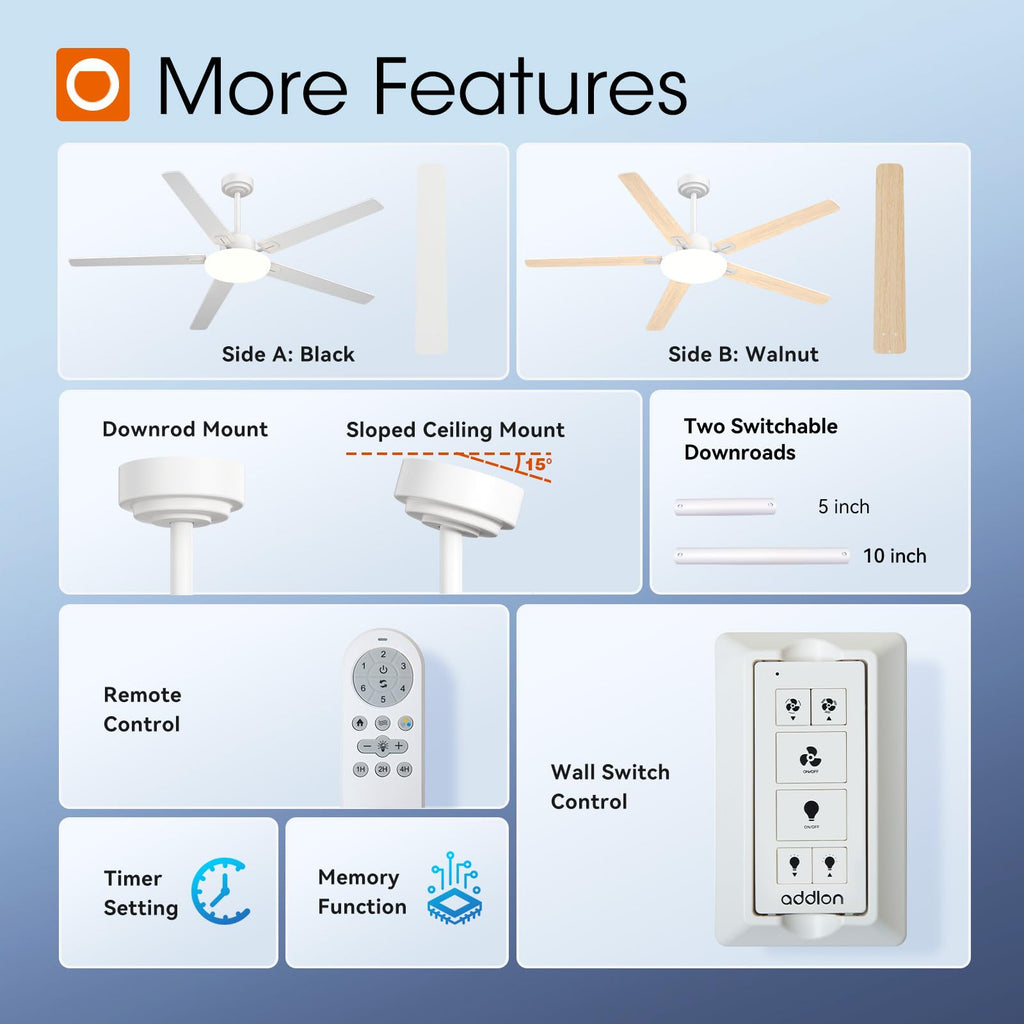 60 Inch Ceiling Fans with Lights and Remote Control, Wall Switch