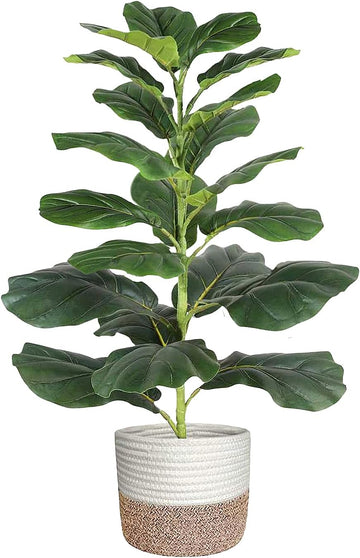 30" Artificial Fiddle Leaf Fig Tree, Realistic Fake Plants Faux Trees Indoor with Cotton Rope Basket, Artificial
