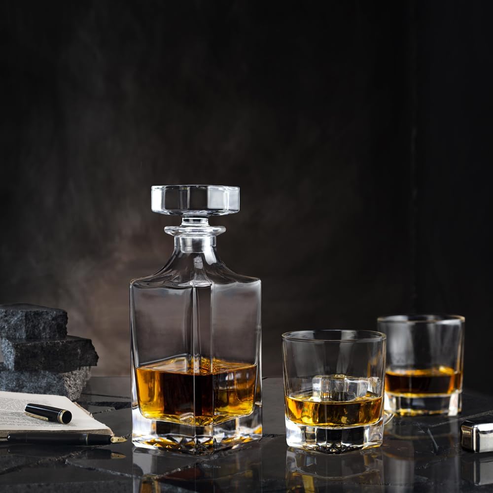 Square 25Oz Whiskey Liquor Decanter Set With 2 Glasses in Box - Set of 3