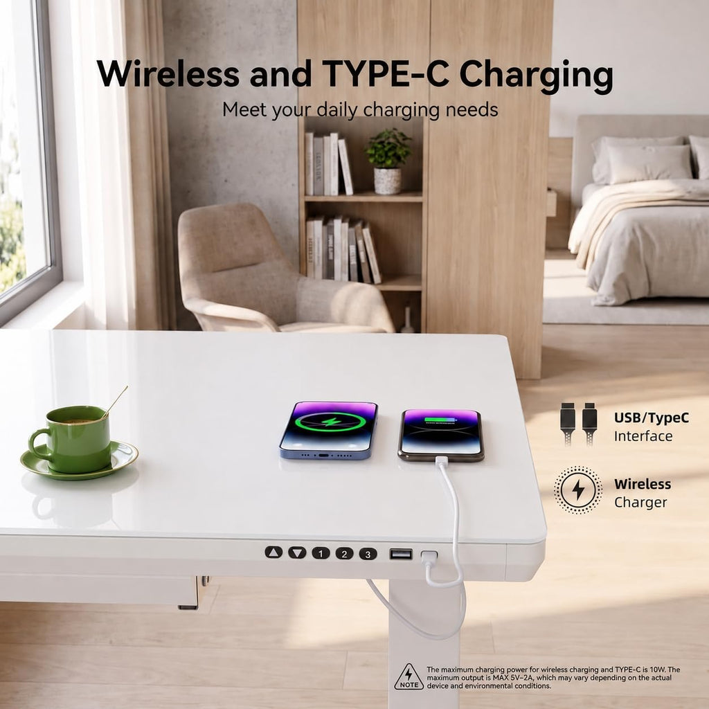 Wireless Charging Glass Standing Desk with Drawer 55 Inches Super White