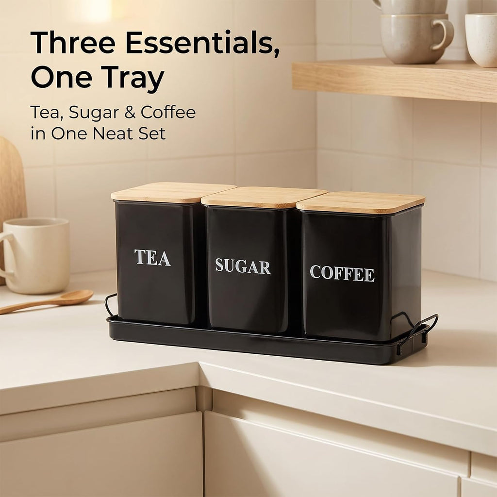 Coffee Tea Sugar Container Set , 50 oz Metal Kitchen Canisters-Black