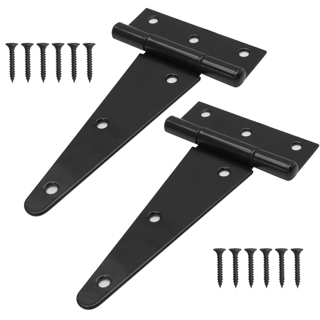 2 Pack 6 Inch T-Strap Shed Door Hinges Heavy Duty, Black Thickened Tee Gate Hinges for Barn Door, Shed or Wooden