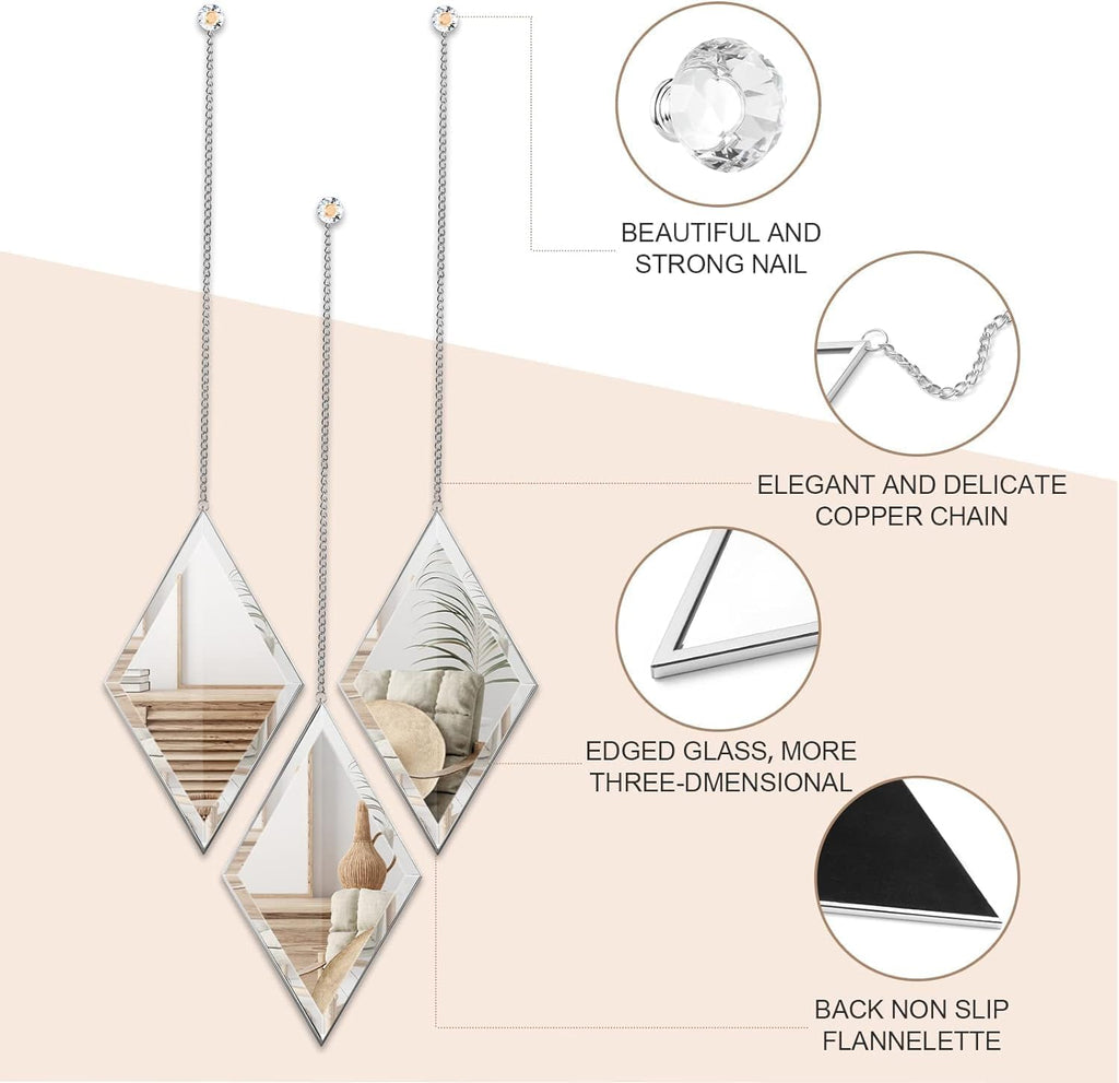 Diamond Wall Mirror Set of 6 Pcs, Silver Wall Decor Mirrors Small Glass Decor Wall Mirrors Decoration